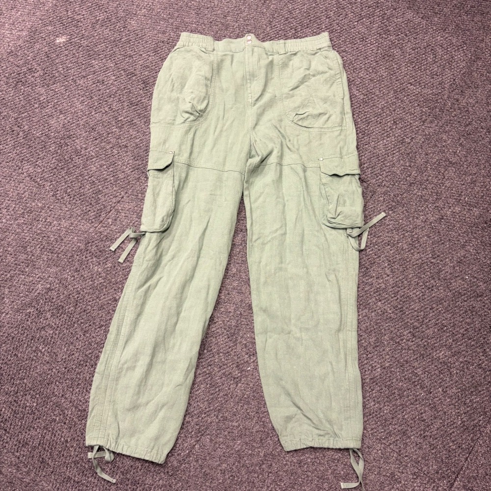 Anthropologie Sage Green Linen Blend Cargo Pants XS Stretch Waist Utility Tie